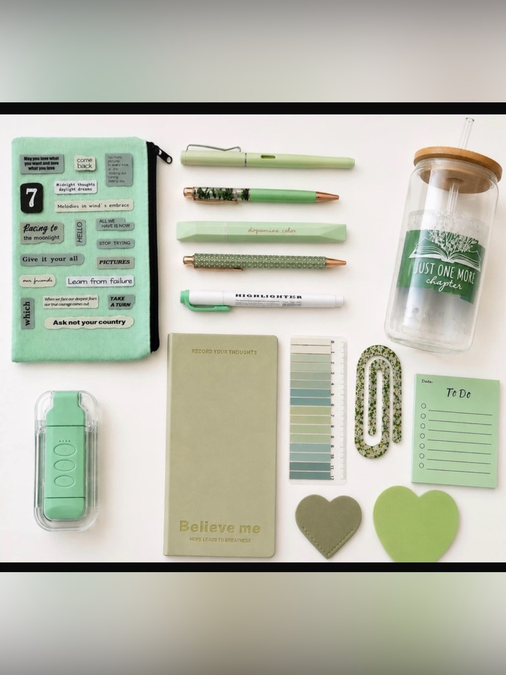 Mint Green Stationery Set - Assorted Pens & Notebook